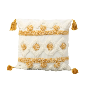 Bohemian tufted square throw pillow with geometric patterns and yellow tassels on white background