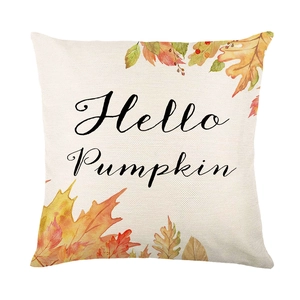 Hello Pumpkin pillow cover with watercolor autumn leaves on linen textured fabric