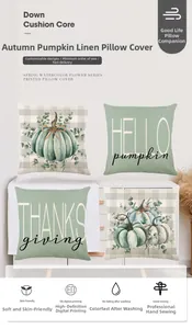 Detail of four fall pumpkin pillow covers with watercolor prints on white background