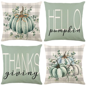 Thanksgiving Pumpkin Decorative Pillow Covers Autumn Farmhouse Watercolor Gingham Eucalyptus Leaf Print Cushion Cover Home