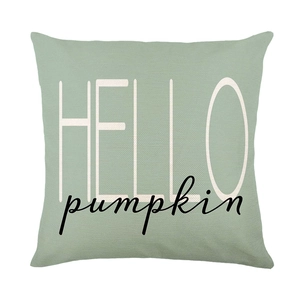 Sage green pumpkin throw pillow cover with Hello Pumpkin text print for fall home decor