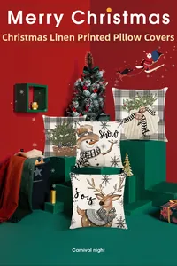 Close-up of linen Christmas pillowcases featuring snowman, reindeer, and tree prints