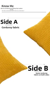Detailed macro view of yellow corduroy cushion cover fabric texture on both sides