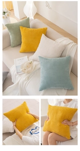 Close-up of soft corduroy pillow covers showing ribbed texture and various pastel colors