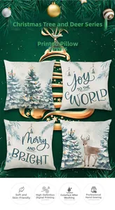 Detail of Christmas tree pillow covers with Joy to the world prints and soft fabric texture