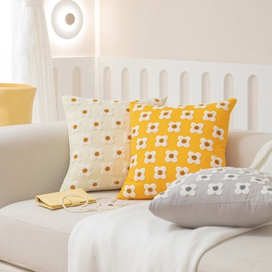 Taie d'Oreiller en Coton Broderie Marguerite Touffeté Nordique Couleur Unie Décorative Pour Canapé Décoration Maison