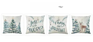 Detail of four Christmas tree and reindeer patterns on festive polyester pillow covers