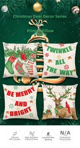 Macro detail of four Christmas cushion covers showing linen texture and festive elk prints