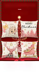 Set of four pink Christmas pillow covers featuring reindeer and Santa Claus designs