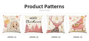 Detailed view of four pink Christmas pillow covers with reindeer and tree patterns