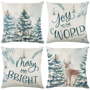Christmas Tree Reindeer Print Throw Pillow Cover Linen Texture Polyester Watercolor Holiday Home Decor Case