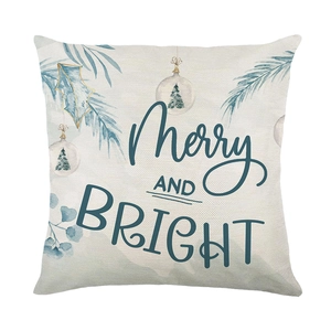 Merry and Bright Christmas tree pillow cover with blue watercolor ornaments and pine branches