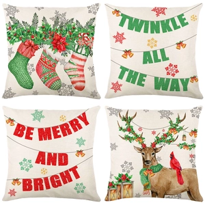 Christmas Reindeer Cardinal Throw Pillowcase Linen Like Polyester Cushion Cover For Sofa Holiday Home Decor