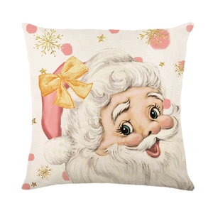 Pink Santa Claus Christmas pillow cover in cotton linen with festive snowflake patterns