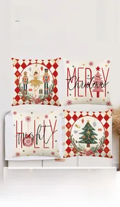 Detailed view of four Christmas pillow covers with Nutcracker and festive prints