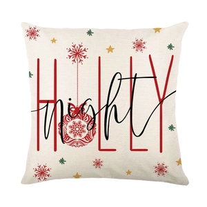 Christmas pillow cover with HOLLY night print and red ball ornament on beige linen fabric