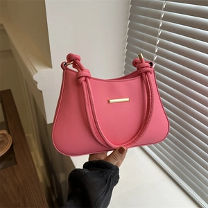 Women Underarm Bag PU Leather Solid Color Knotted Strap Gold Metal Bar Minimalist Casual Fashion Shoulder Handbag