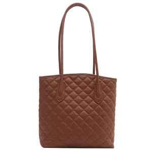 Brown quilted PU leather tote bag with large diamond stitching and long shoulder straps