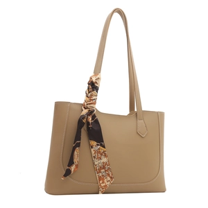 Khaki large capacity tote bag with decorative silk scarf and contrast stitching