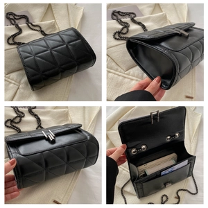 Detailed views of black quilted chain bag showing interior capacity and lock hardware