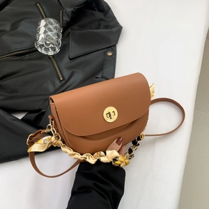 Women Saddle Shoulder Bag PU Leather With Satin Scarf Chain Handle Metal Lock Fashion Crossbody Handbag Vintage Style