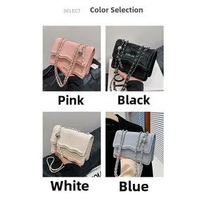 Collage showing stylish wave-patterned crossbody bags in pink, black, white, and blue
