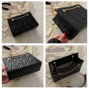Detailed views of black quilted PU tote bag with zigzag stitching and gold chain strap