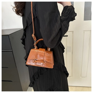 Brown crocodile pattern mini crossbody bag shown on a model in a black dress