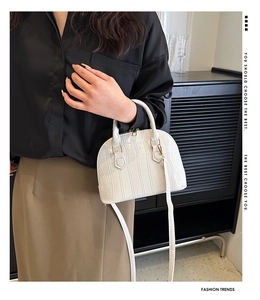 Detail of white crocodile texture shell handbag with gold hardware on a model