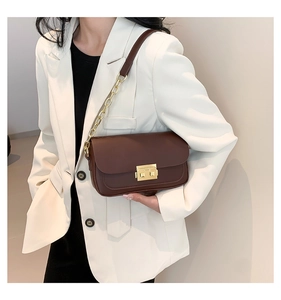 Close-up of a brown retro small square bag with golden buckle and chain strap