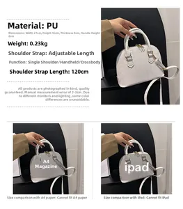 Detailed dimensions of white crocodile pattern shell bag with adjustable shoulder strap