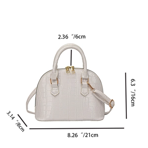 Detailed dimensions of light gray crocodile pattern dome satchel bag with measurements