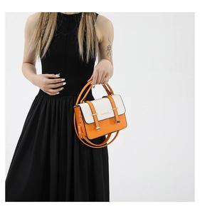 Close-up of orange and beige color-block handbag with Fashion & Bags print and metal buckle