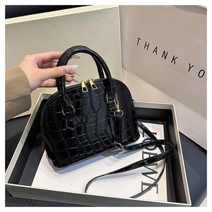 Detail of black crocodile texture shell bag with gold zippers in premium gift box