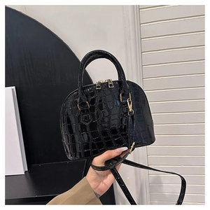 Close-up of black crocodile pattern shell bag with golden zipper and leather handle