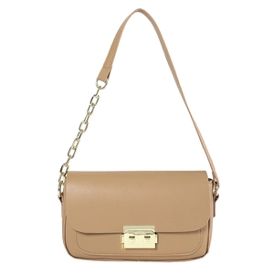 Khaki rectangular flap shoulder bag with gold metal clasp and chain strap in minimalist style
