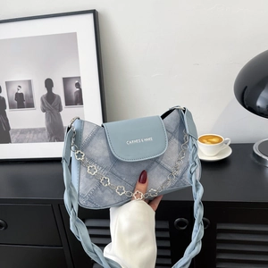 Women Shoulder Baguette Bag Denim Texture PU Leather Braided Strap Flower Metal Chain Casual Chic Underarm Purse