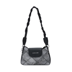Gray patchwork underarm bag with plaid stitching, black leather flap and floral chain