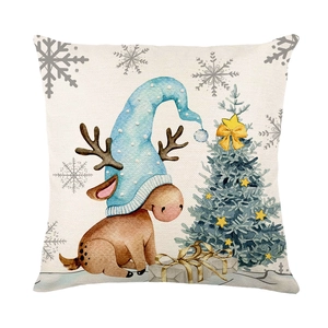 Christmas reindeer pillow cover with festive watercolor art and a decorated tree