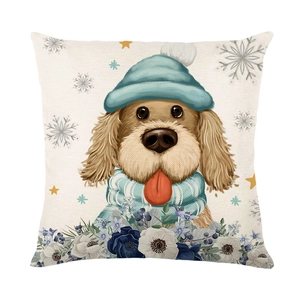 Housse de coussin de Noël bleue avec chien mignon en bonnet d'hiver et écharpe