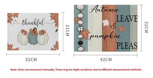 Size chart for waterproof Thanksgiving placemats with pumpkin and maple leaf patterns