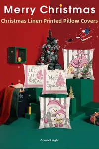 Detail of four Nordic Christmas pillow covers with snowman and gnome prints on linen fabric