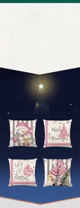 Detail of four festive pink Christmas pillow covers featuring snowmen and gnomes