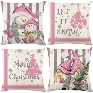 Christmas Pillow Covers Snowman Gnomes Pink Nordic Winter Holiday Square Decorative Polyester Cushion Cases For Sofa Home