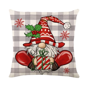 Housse de coussin de Noël en polyester avec carreaux gris et motif de gnome