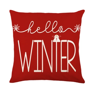Housse de coussin rouge de Noël avec texte Hello Winter et motif de bonhomme de neige