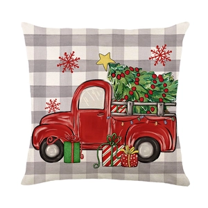 Housse de coussin Noël avec camion rouge rétro et sapin sur fond à carreaux gris-blanc