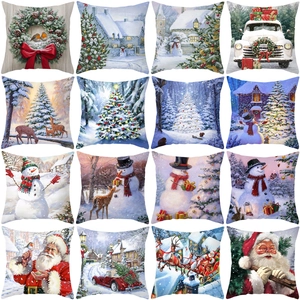 Christmas Pillow Case Peach Skin Velvet Cushion Cover Santa Snowman Elk Xmas Party Decor Home Living Room Sofa Decorative