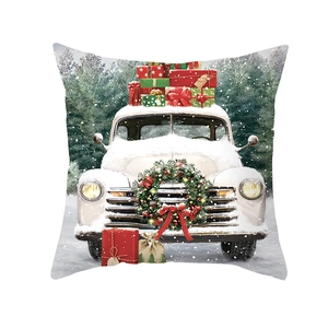 Christmas peach skin pillowcase featuring a vintage white car and holiday gift boxes