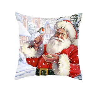 Peach skin fabric Christmas pillow case with Santa Claus and bird print in snow